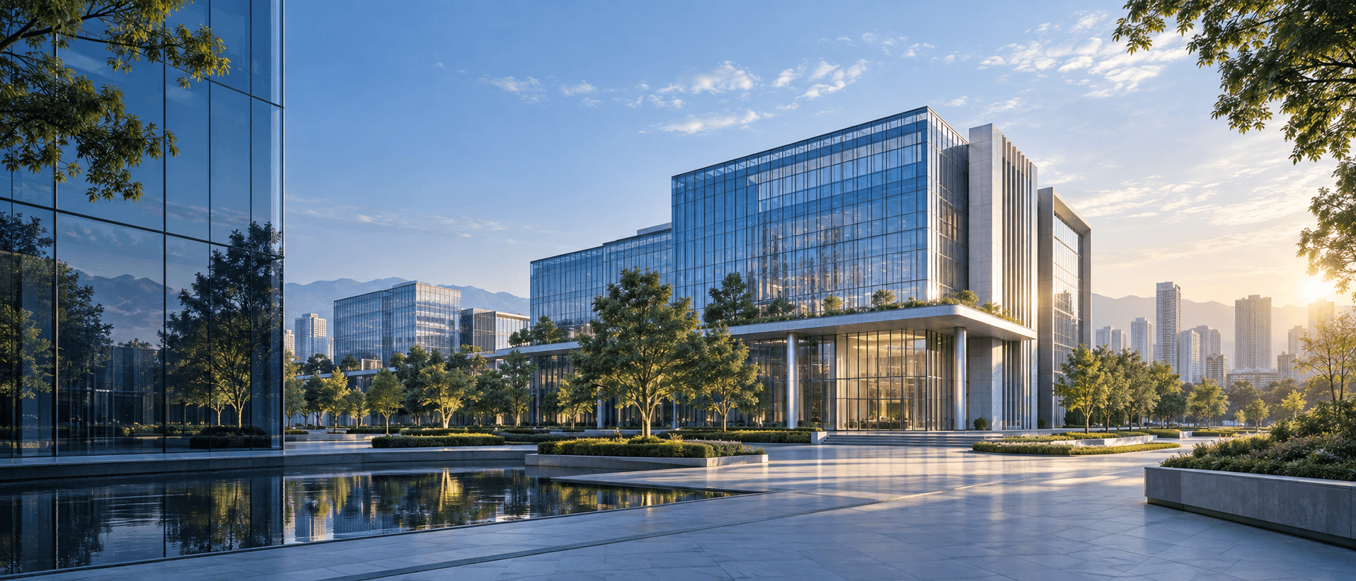 现代科技园区与玻璃建筑的品牌概念影像,AI 生成